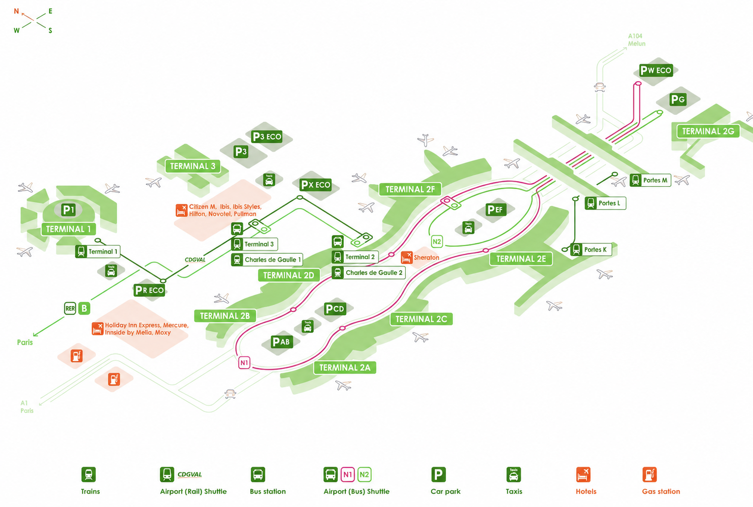 Plan de l'aéroport Aéroport de Paris-Charles-de-Gaulle : terminaux, parkings et accès